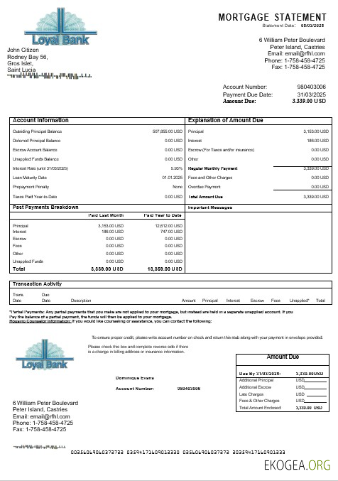 Relevé hypothécaire de la banque Loyal de Sainte , Lucie aux formats Word et PDF